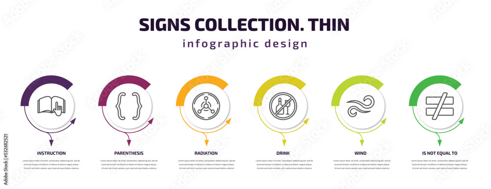 signs collection. thin infographic template with icons and 6 step or option. signs collection. thin icons such as instruction, parenthesis, radiation, drink, wind, is not equal to vector. can be