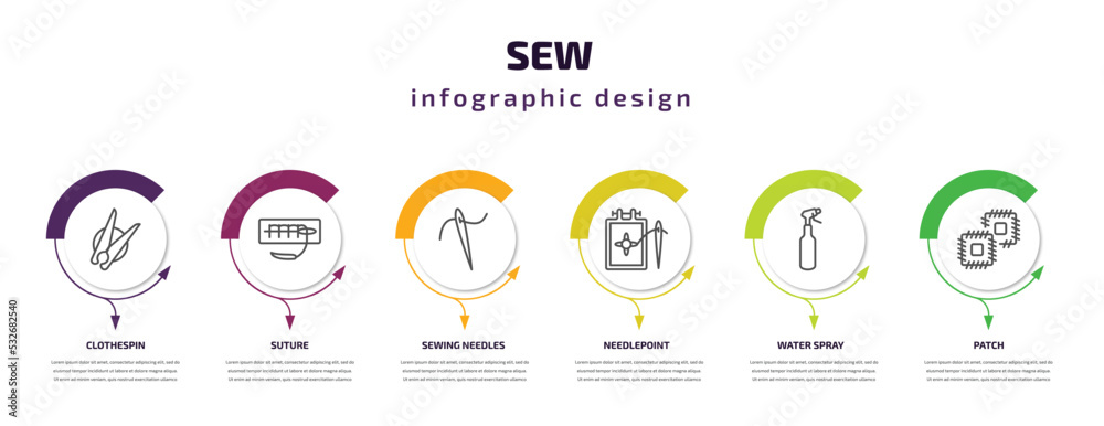 sew infographic template with icons and 6 step or option. sew icons such as clothespin, suture, sewing needles, needlepoint, water spray, patch vector. can be used for banner, info graph, web,