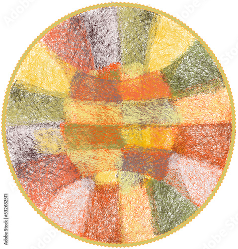 Oval motley quilt mat with  soft weave colorful elements and wavy fringe isolated on white