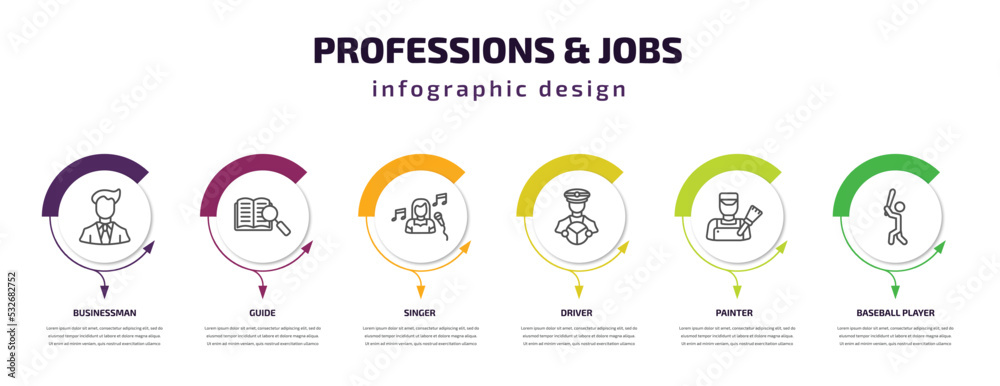 professions & jobs infographic template with icons and 6 step or option. professions & jobs icons such as businessman, guide, singer, driver, painter, baseball player vector. can be used for banner,
