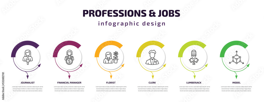 professions & jobs infographic template with icons and 6 step or option. professions & jobs icons such as journalist, financial manager, florist, clerk, lumberjack, model vector. can be used for