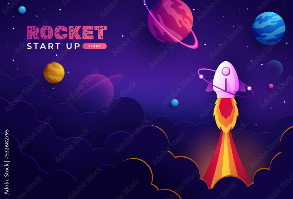 Rocket launch in the sky flying over clouds. Space ship in smoke clouds ...