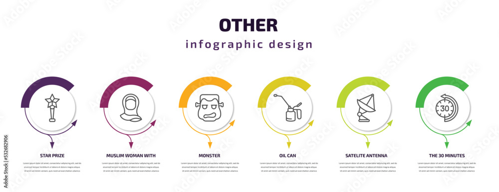 other infographic template with icons and 6 step or option. other icons such as star prize, muslim woman with hijab, monster, oil can, satelite antenna, the 30 minutes vector. can be used for