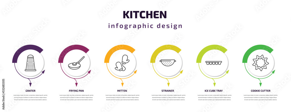 kitchen infographic template with icons and 6 step or option. kitchen icons such as grater, frying pan, mitten, strainer, ice cube tray, cookie cutter vector. can be used for banner, info graph,