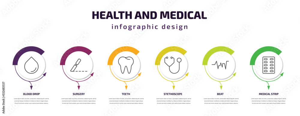 health and medical infographic template with icons and 6 step or option. health and medical icons such as blood drop, surgery, teeth, stethoscope, beat, medical strip vector. can be used for banner,