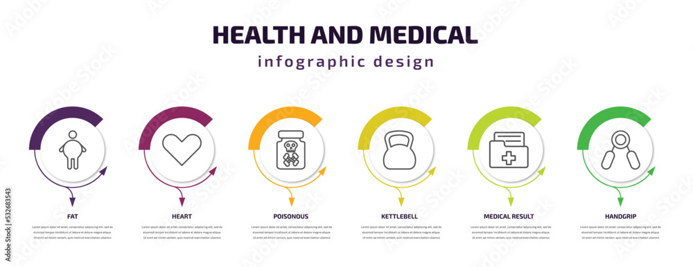 health and medical infographic template with icons and 6 step or option. health and medical icons such as fat, heart, poisonous, kettlebell, medical result, handgrip vector. can be used for banner,