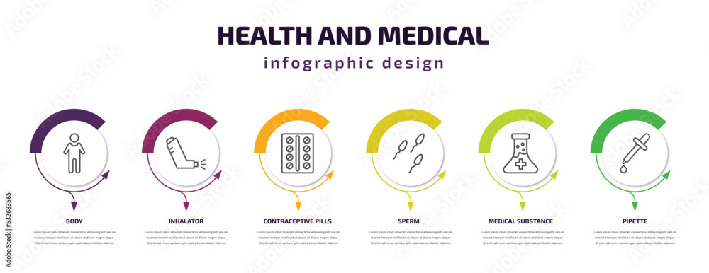health and medical infographic template with icons and 6 step or option. health and medical icons such as body, inhalator, contraceptive pills, sperm, medical substance, pipette vector. can be used