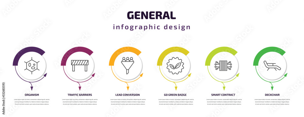 general infographic template with icons and 6 step or option. general icons such as organism, traffic barriers, lead conversion, go green badge, smart contract, deckchair vector. can be used for