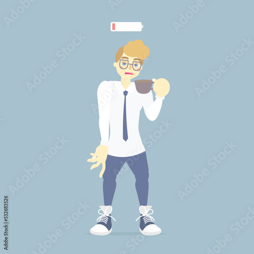 sleepy, tired businessman holding cup of coffee with low battery energy, addiction, health care concept, vector illustration cartoon flat character design clip art