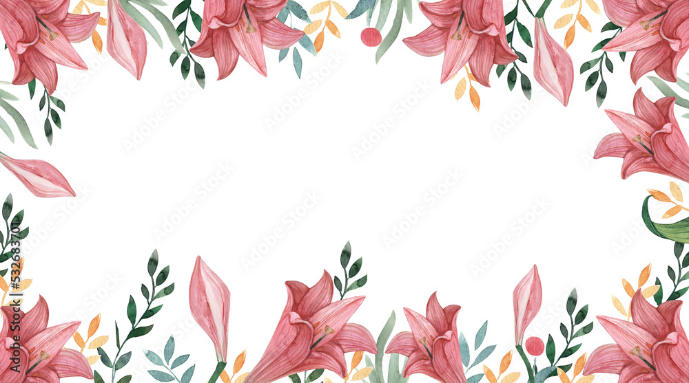 Watercolor pink lilies,botanical illustration, square frame, postcard or valentine, suitable for wedding design.