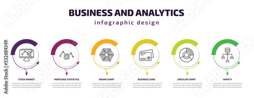 business and analytics infographic template with icons and 6 step or option. business and analytics icons such as stock market, mortgage statistics, radar chart, business card, circular chart,