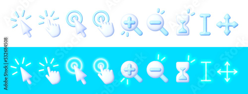 Pointer click icons 3D vector. Set of clicking cursor 3D, pointing hand clicks. Mouse click cursor collection. Vector illustration