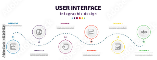 user interface infographic element with icons and 6 step or option. user interface icons such as remove right frame, pie chart organization, add new document, confirmity, window back button, user photo