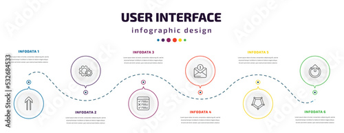 user interface infographic element with icons and 6 step or option. user interface icons such as slim up, wheels, task list, new message, pentagonal chart, external vector. can be used for banner,