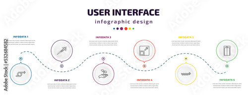 user interface infographic element with icons and 6 step or option. user interface icons such as right loop arrow, dotted up arrow, hand and sprout, size, scribble right arrow, lift vector. can be photo