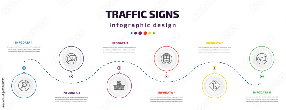 traffic signs infographic element with icons and 6 step or option. traffic signs icons such as no plug, no chatting, police station, bus stop, merging, horn vector. can be used for banner, info traffic signs infographic element with icons and 6 step or option. traffic signs icons such as no plug, no chatting, police station, bus stop, merging, horn vector. can be used for banner, info