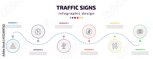 traffic signs infographic element with icons and 6 step or option. traffic signs icons such as pothole, no parking, road, no children, two ways, magnetic field vector. can be used for banner, info