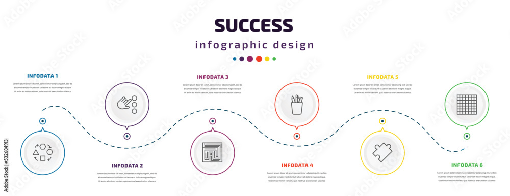 success infographic element with icons and 6 step or option. success icons such as adaptation, choose, strategy in a labyrinth, stationery, puzzle, chess board vector. can be used for banner, info success infographic element with icons and 6 step or option. success icons such as adaptation, choose, strategy in a labyrinth, stationery, puzzle, chess board vector. can be used for banner, info