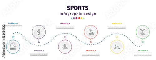 sports infographic element with icons and 6 step or option. sports icons such as roller skate, motorbike riding, waterpolo, jet surfing, skibob, breakdance vector. can be used for banner, info photo
