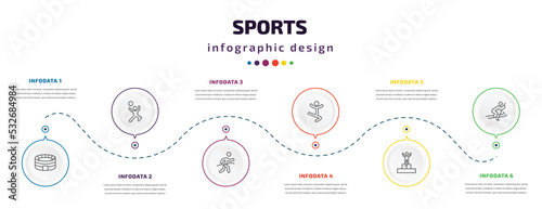 sports infographic element with icons and 6 step or option. sports icons such as estadio, man playing volleyball, marathon champion, jumping dancer, number one athlete, skiing vector. can be used