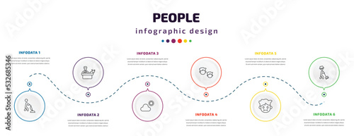 people infographic element with icons and 6 step or option. people icons such as man vacuuming  vet with cat  weathercaster    sick smile  farmer working vector. can be used for banner  info graph 