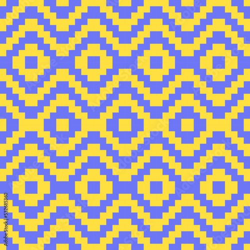 Abstract geometric pattern with blue or purple stripes lines connected like wave and flower on yellow background