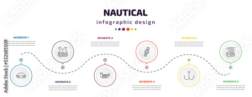 nautical infographic element with icons and 6 step or option. nautical icons such as sailor hat, life jacket, oil tanker ship, water resist watch, fishing hook, water resist camera vector. can be