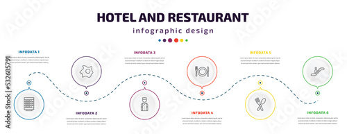 hotel and restaurant infographic element with icons and 6 step or option. hotel and restaurant icons such as vending hine, fried egg, bellboy, meal, restaurant, or vector. can be used for banner,