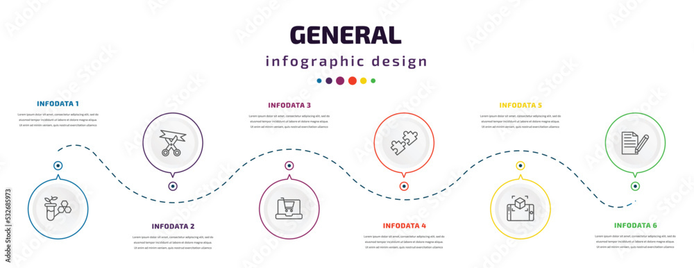 general infographic element with icons and 6 step or option. general icons such as bio technology, inauguration, ecommerce platform, compatibility, ar presentation, copywriting vector. can be used