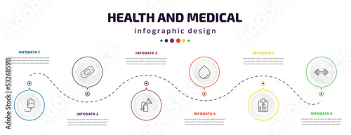health and medical infographic element with icons and 6 step or option. health and medical icons such as medical drip, band aid, breast pump, blood drop, checklist, dumbbells vector. can be used for