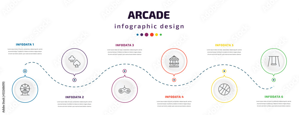 arcade infographic element with icons and 6 step or option. arcade icons such as ferris wheel, poker, super, carousel, dunk, swing vector. can be used for banner, info graph, web, presentations.