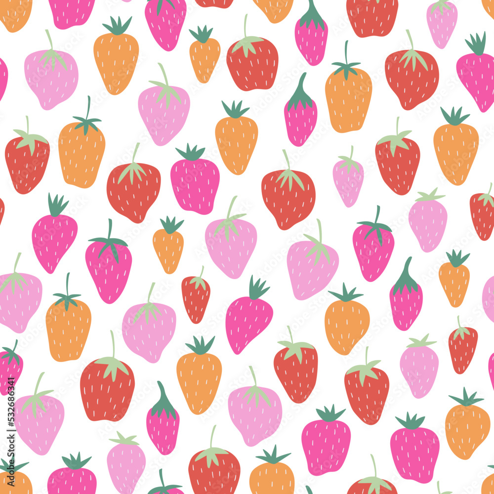 Cute seamless vector pattern with strawberries on white background. Hand-drawn repeat background with strawberry. For the design of textiles, fabric, wallpaper, wrapping paper. Cute seamless vector pattern with strawberries on white background. Hand-drawn repeat background with strawberry. For the design of textiles, fabric, wallpaper, wrapping paper.