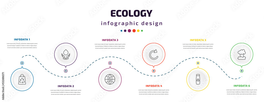 ecology infographic element with icons and 6 step or option. ecology icons such as recycled bag, save water, eco energy power, reload arrows, recycled bottle, geyser vector. can be used for banner,