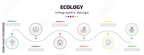 ecology infographic element with icons and 6 step or option. ecology icons such as fruit tree, green power, biodiesel, landscape image, raining, ecological house vector. can be used for banner, info