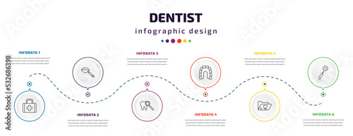 dentist infographic element with icons and 6 step or option. dentist icons such as aid, filler, check up, maxilla, dental folder, mouth mirror vector. can be used for banner, info graph, web,