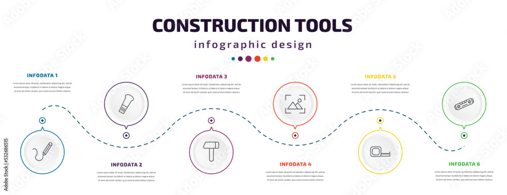 construction tools infographic element with icons and 6 step or option. construction tools icons such as drawing, wedge tool, brick hammer, wallpaper, open scale, plumb rule tool vector. can be used construction tools infographic element with icons and 6 step or option. construction tools icons such as drawing, wedge tool, brick hammer, wallpaper, open scale, plumb rule tool vector. can be used