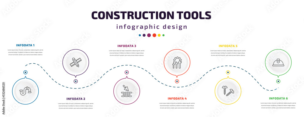 construction tools infographic element with icons and 6 step or option. construction tools icons such as plumbing, pencil and ruler, construction works, improvement, screws, safety helmet vector.