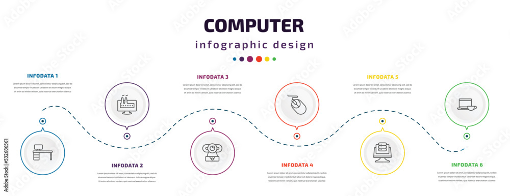 computer infographic element with icons and 6 step or option. computer icons such as boss office, industrial, webcamera, computer mouse device, data page, morning work vector. can be used for computer infographic element with icons and 6 step or option. computer icons such as boss office, industrial, webcamera, computer mouse device, data page, morning work vector. can be used for