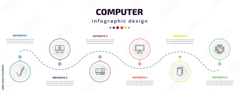 computer infographic element with icons and 6 step or option. computer icons such as 3d printing pen, computer video, workstation, full folder, square chip vector. can be used for banner, info computer infographic element with icons and 6 step or option. computer icons such as 3d printing pen, computer video, workstation, full folder, square chip vector. can be used for banner, info