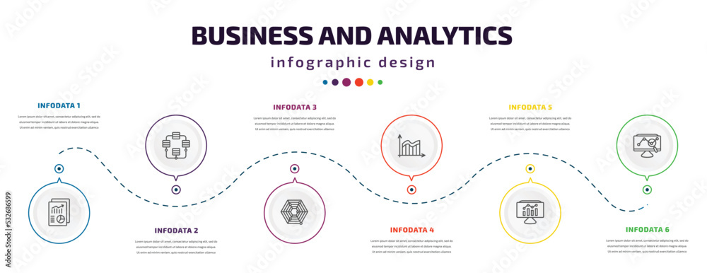 business and analytics infographic element with icons and 6 step or option. business and analytics icons such as print document, database interconnected, radar chart, data wave, bars graphic on