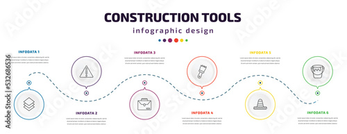 construction tools infographic element with icons and 6 step or option. construction tools icons such as tiles, warning, businessman portfolio, builder brush, traffic cone, open paint bucket vector.