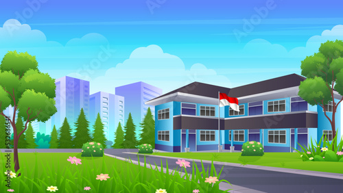 Modern Indonesian Secondary education school building with green lawns, grass and trees cartoon Illustration