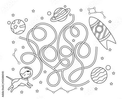 Maze game for preschool children. Puzzle with tangled road. Outline coloring page for kids book. Cute dog in space, rocket, planets. Vector illustration