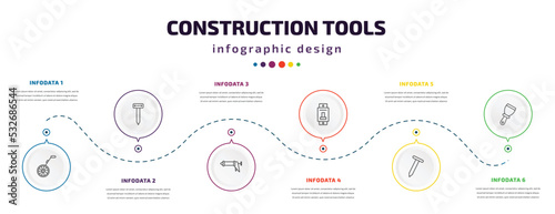 construction tools infographic element with icons and 6 step or option. construction tools icons such as measuring wheel, boning rod, caulk gun, circuit breaker, nail, putty knife vector. can be