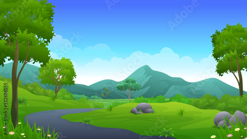 Asphalt road with beautiful paddy rice field, trees and mountain landscape vector illustration