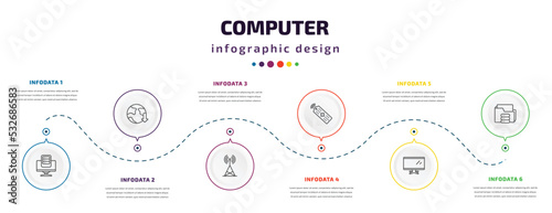 computer infographic element with icons and 6 step or option. computer icons such as pc storage, download from the net, telecommunications, tv controller, tv screen, connected folder data vector.