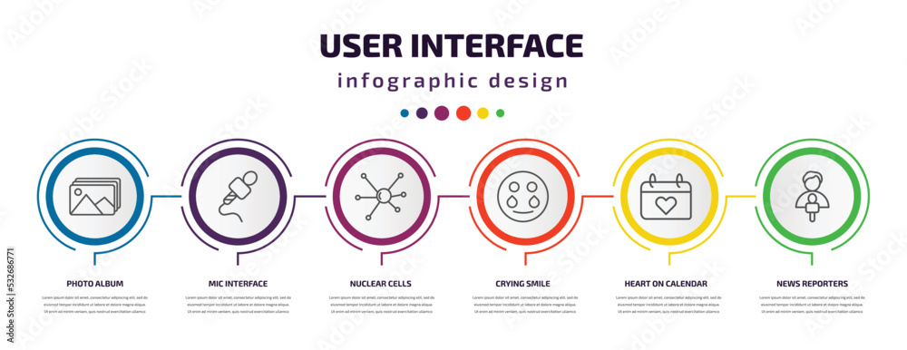 user interface infographic template with icons and 6 step or option. user interface icons such as photo album, mic interface, nuclear cells, crying smile, heart on calendar, news reporters vector. user interface infographic template with icons and 6 step or option. user interface icons such as photo album, mic interface, nuclear cells, crying smile, heart on calendar, news reporters vector.