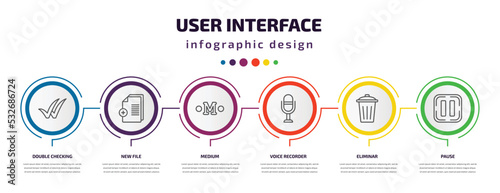 user interface infographic template with icons and 6 step or option. user interface icons such as double checking, new file, medium, voice recorder, eliminar, pause vector. can be used for banner,