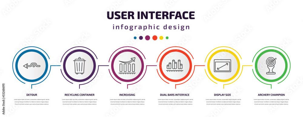 user interface infographic template with icons and 6 step or option. user interface icons such as detour, recycling container, increasing, dual bars interface, display size, archery champion vector. user interface infographic template with icons and 6 step or option. user interface icons such as detour, recycling container, increasing, dual bars interface, display size, archery champion vector.