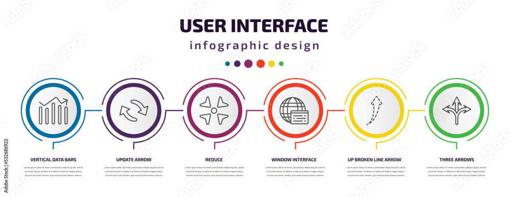user interface infographic template with icons and 6 step or option. user interface icons such as vertical data bars, update arrow, reduce, window interface, up broken line arrow, three arrows